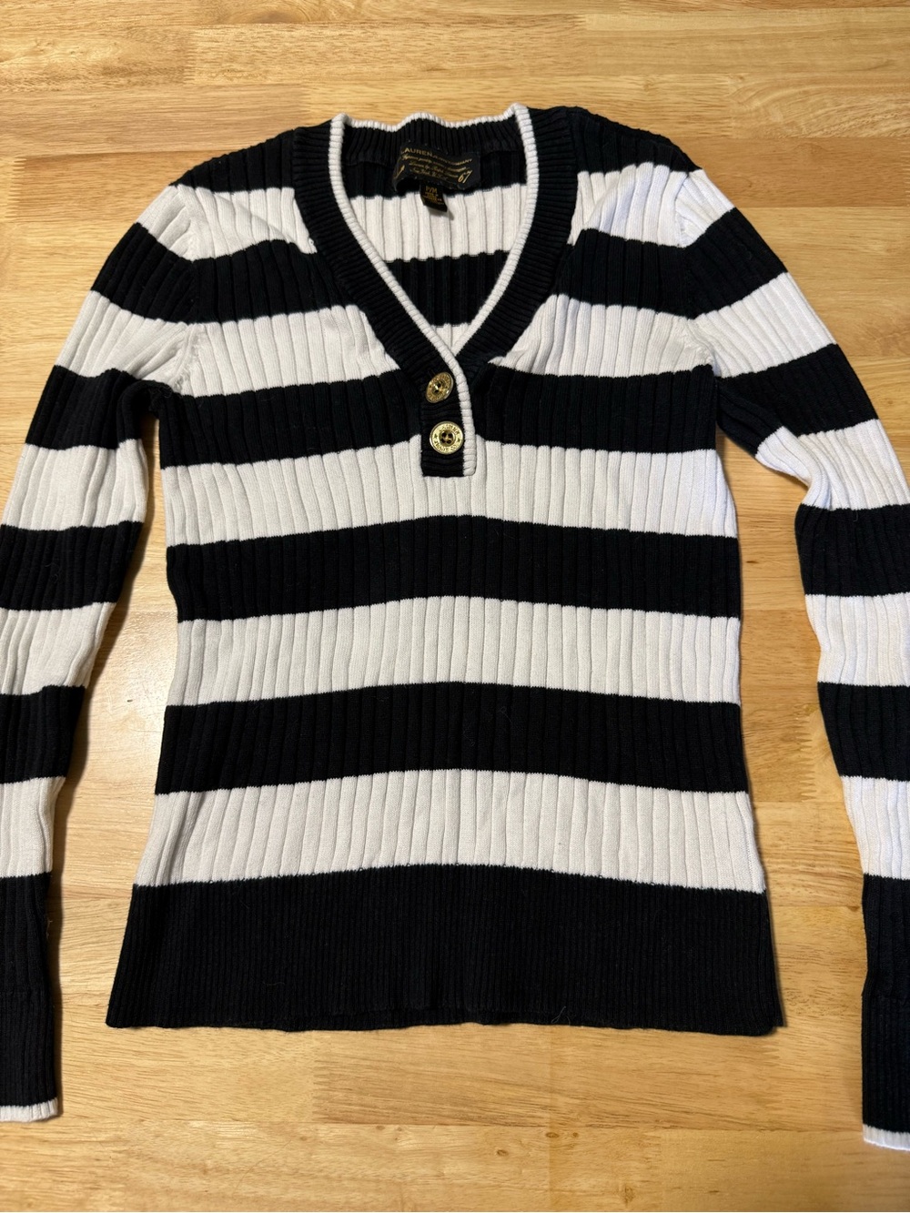 Lauren Ralph Lauren Jeans Co Black White Striped Rib Knit Henley Sweater P/M
